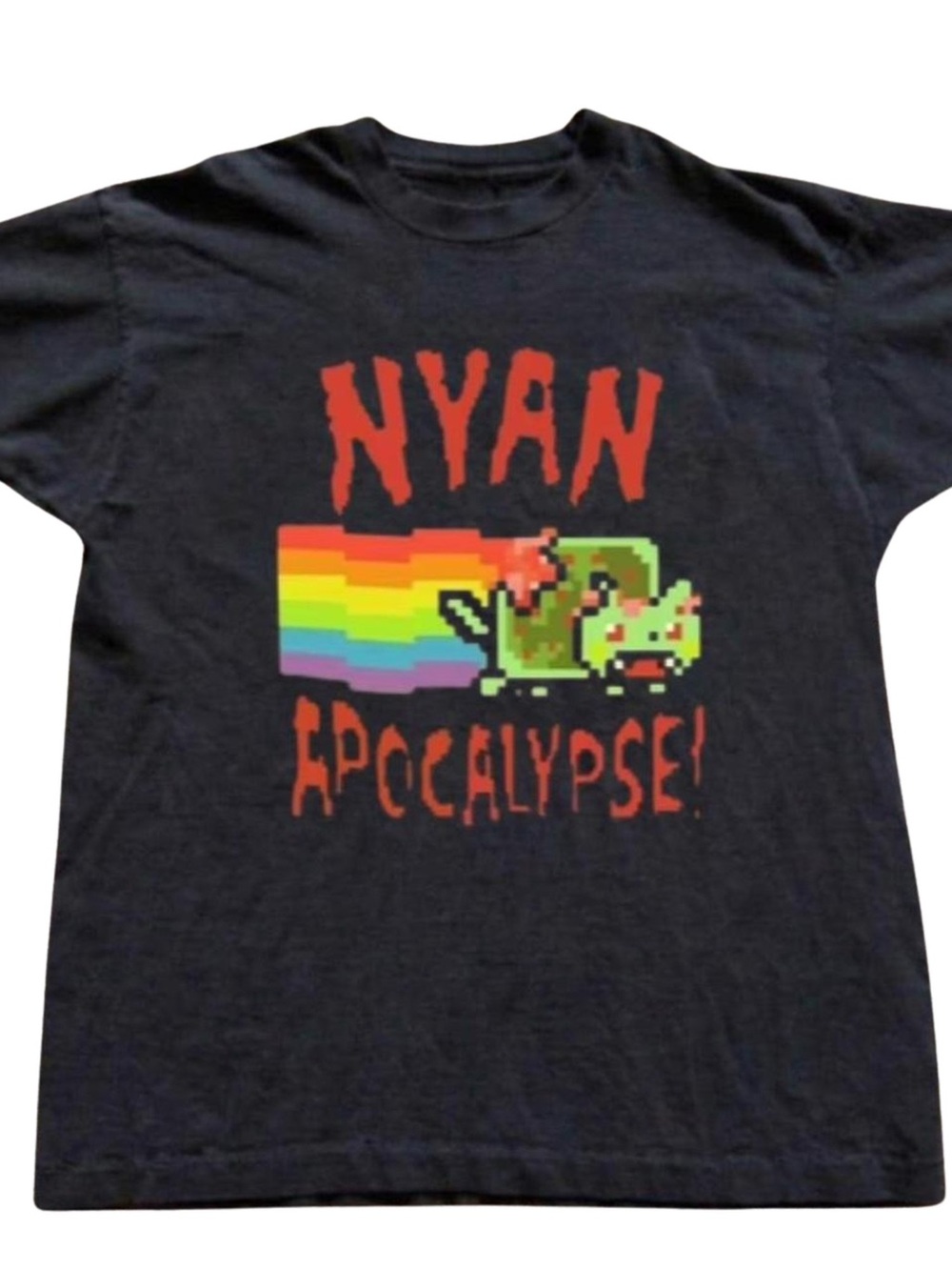 Gildan Black Tee with Rainbow Pixel Cat and Red Text, Gift For Her, For Him